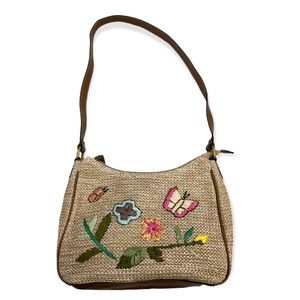 Rosette girly cute faux straw woven shoulder bag w/embroidered butterflies